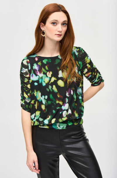 Joseph Ribkoff - Mesh Abstract Print Blouson Top