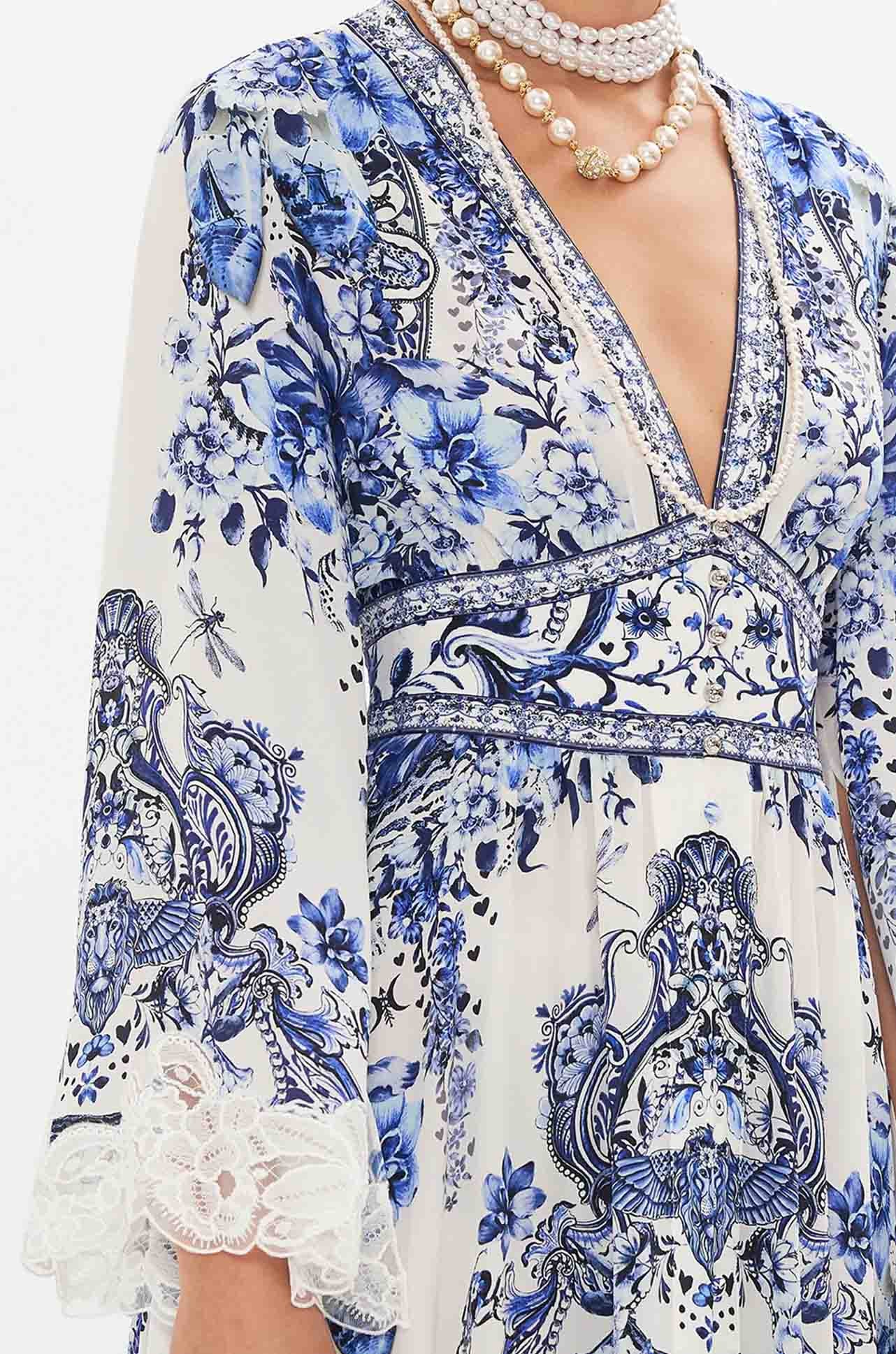 Crystal Paisley Embroidered Crepe Dress with Split Sleeves