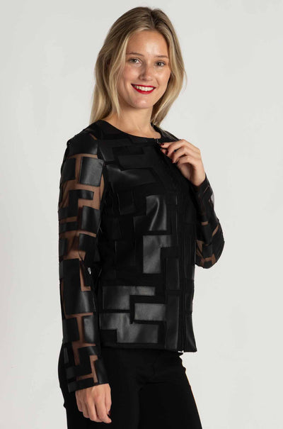 Joseph Ribkoff - Mesh and Leatherette Fitted Jacket in Black / Black