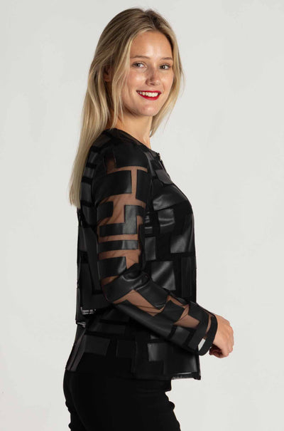 Joseph Ribkoff - Mesh and Leatherette Fitted Jacket in Black / Black