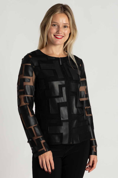 Joseph Ribkoff - Mesh and Leatherette Fitted Jacket in Black / Black