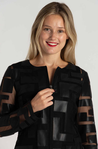 Joseph Ribkoff - Mesh and Leatherette Fitted Jacket in Black / Black