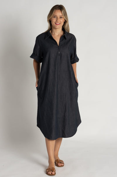 Mela Purdie - SS Zip Front Dress in Soft Stretch Denim