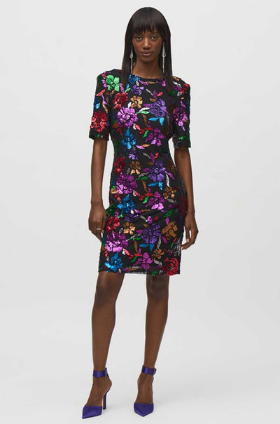 Joseph Ribkoff - Sequined Mesh Floral Print Sheath Dress