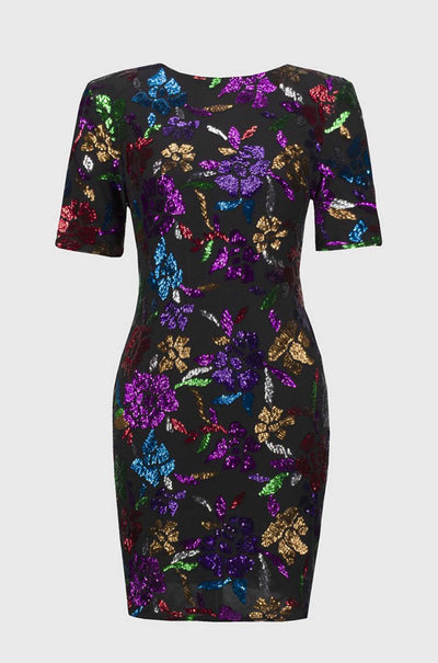 Joseph Ribkoff - Sequined Mesh Floral Print Sheath Dress